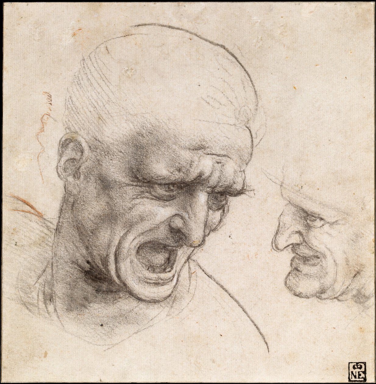 Studie van twee krijgershoofden voor de Slag bij Anghiari, 1504-05 door Leonardo da Vinci