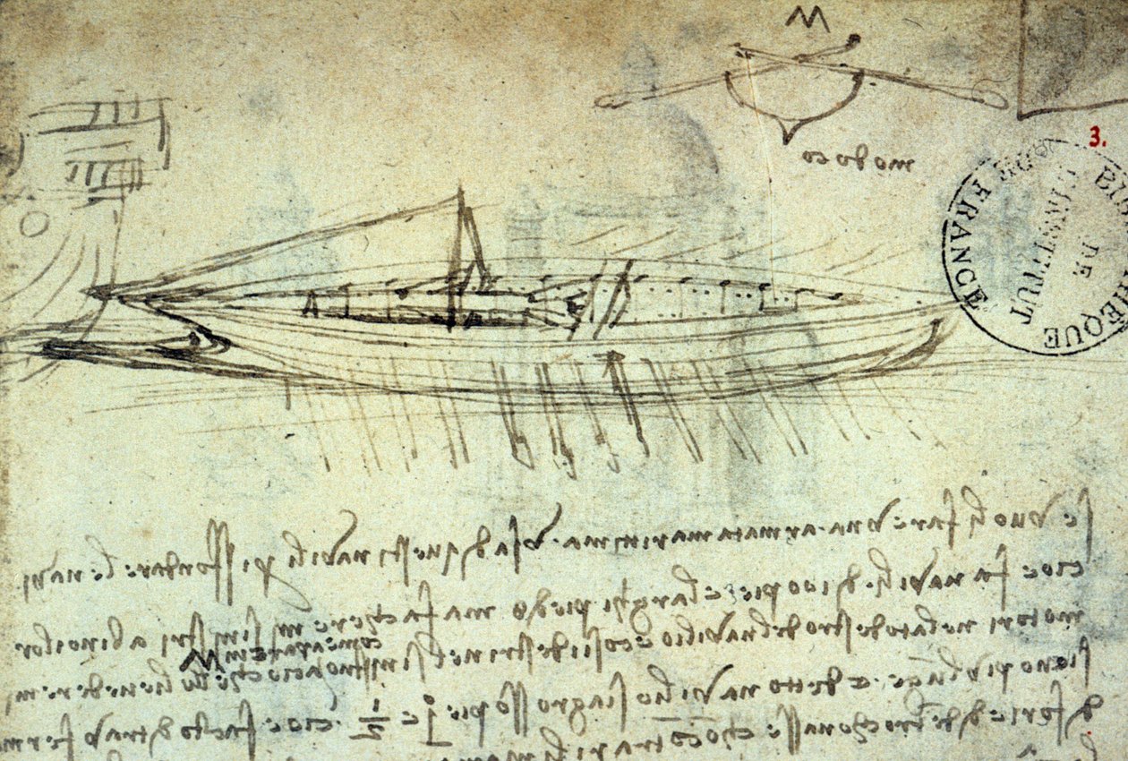 Studie van een boot uitgerust met een reeks roeispanen door Leonardo da Vinci (1452-1519). Tekening met pen en inkt. Manuscript. Bibliotheek van het Institut de France. Parijs door Leonardo da Vinci