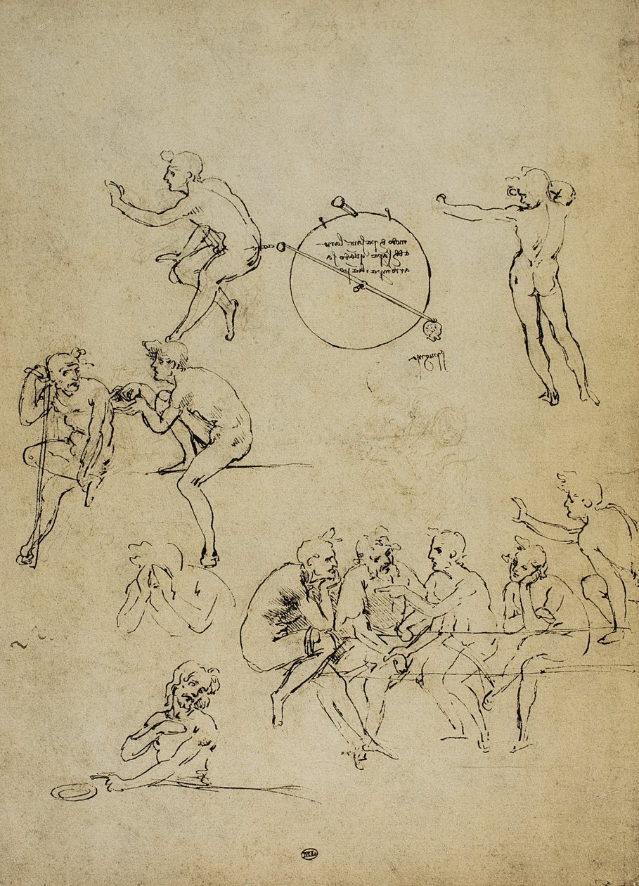 Studie van menselijke figuren in verschillende posities door Leonardo da Vinci