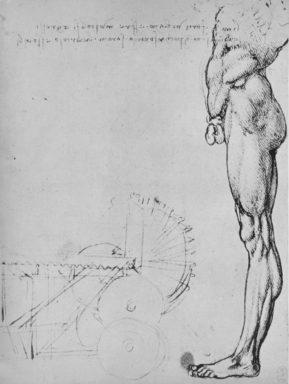 Studie van de onderste helft van een man en van machines, c1480 1945 door Leonardo da Vinci