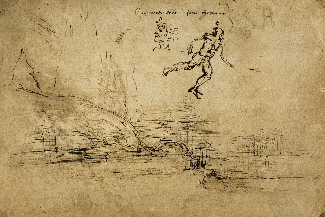 De achterkant van een landschapstekening met de figuur van een soldaat door Leonardo da Vinci