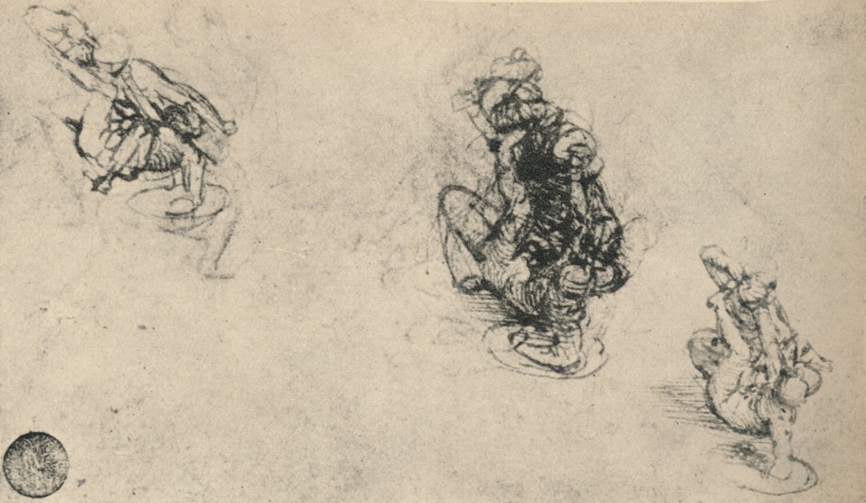 Drie studies van een man die een gevallen vijand neerstak, ca. 1480 door Leonardo da Vinci