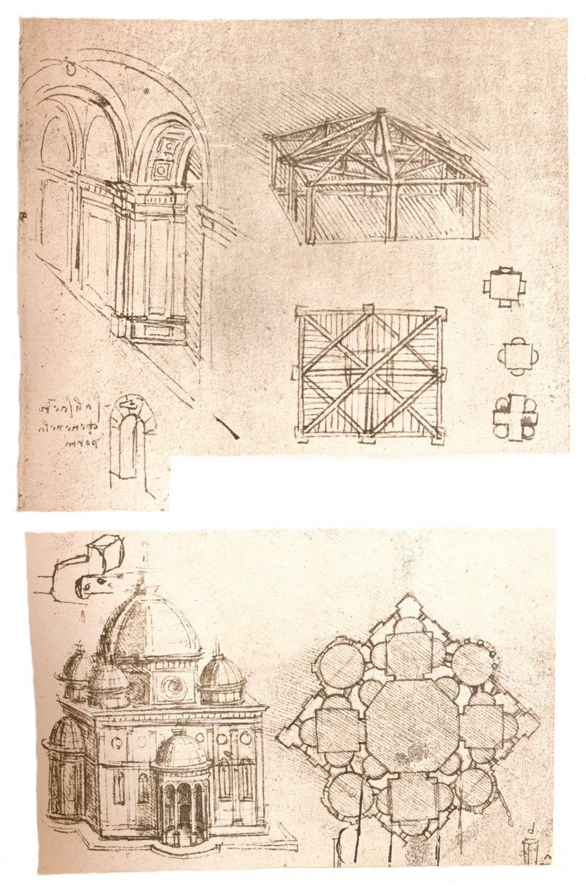 Twee architecturale tekeningen, ca. 1472-1519, 1883 door Leonardo da Vinci