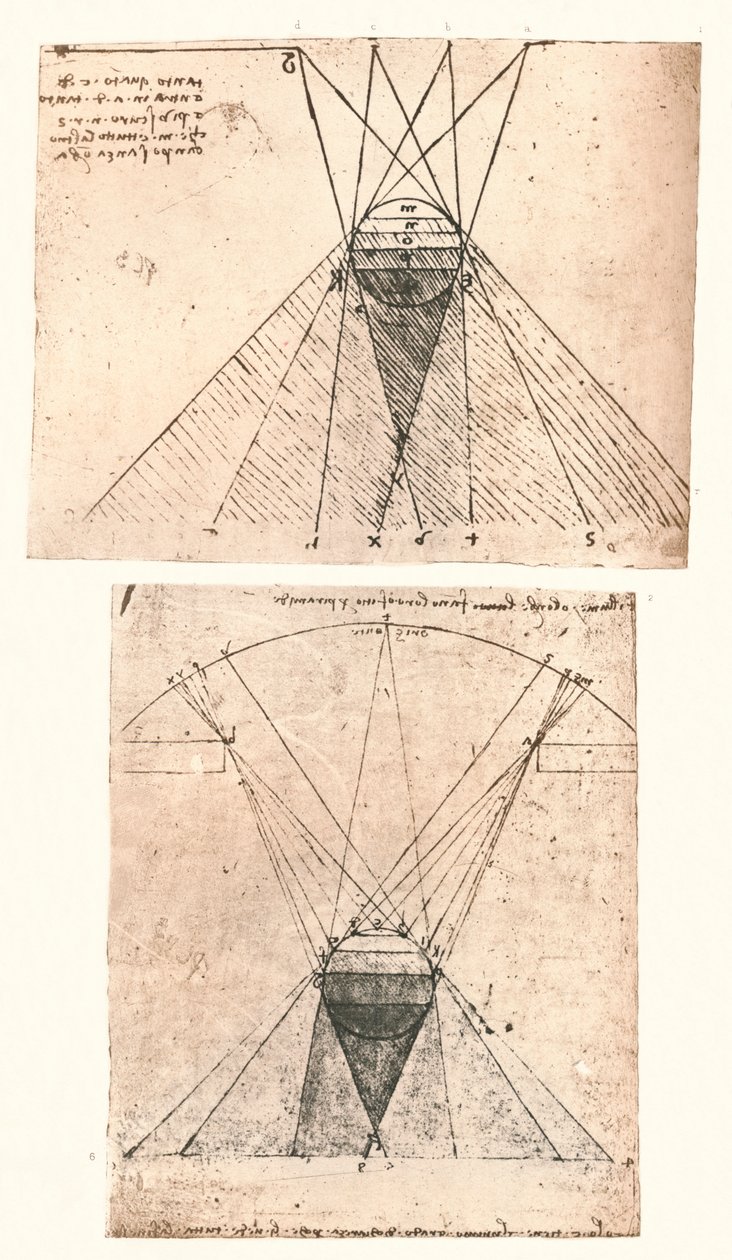 Twee diagrammen die de theorie van licht en schaduw illustreren, ca. 1472-1519, 1883 door Leonardo da Vinci