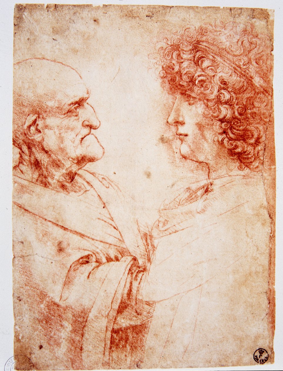 Twee mannenprofielen, een oude man en een jonge man. De jonge man vertegenwoordigt Gian Giacomo Caprotti, bekend als Andrea Salai of Salaij (circa 1480-1524), leerling en minnaar van Leonardo da Vinci. Tekening a la sanguine door Leonardo da Vinci (Leonard door Leonardo da Vinci