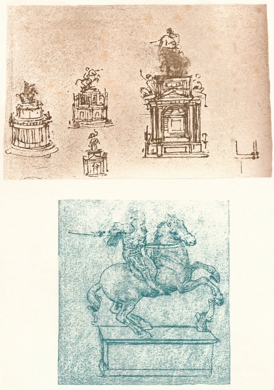 Twee voorbereidende studies voor het Sforza Monument, ca. 1482-ca. 1499 door Leonardo da Vinci