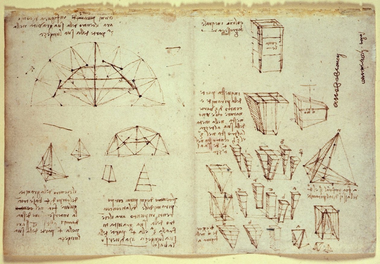 notitieboekje van Leonardo da Vinci, met diagrammen van geometrische vormen