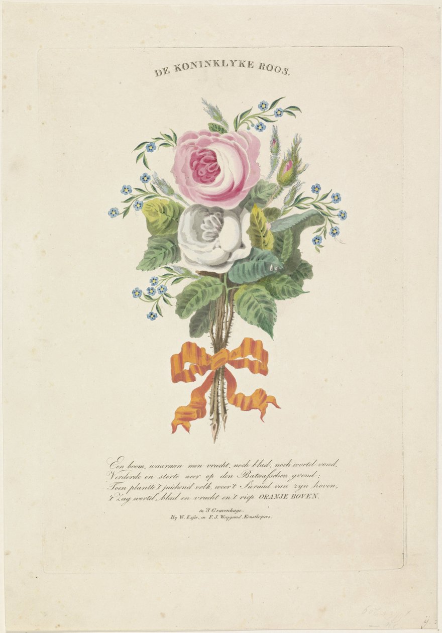 Rozen met silhouetportretten van Willem I Frederik, koning der Nederlanden, Wilhelmina van Pruisen, hun kinderen, zijn ouders en zijn zus door Leonardus Schweickhardt