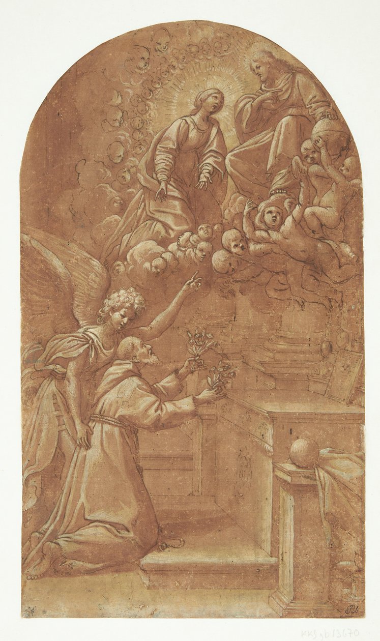 Een knielende franciscaan (Franciscus van Assisi?), ondersteund door een engel, reikt met beide handen bloemen naar de tronende Christus, gedragen door engelen en met Maria in voorspraak aan zijn zijde door Leonello Spada