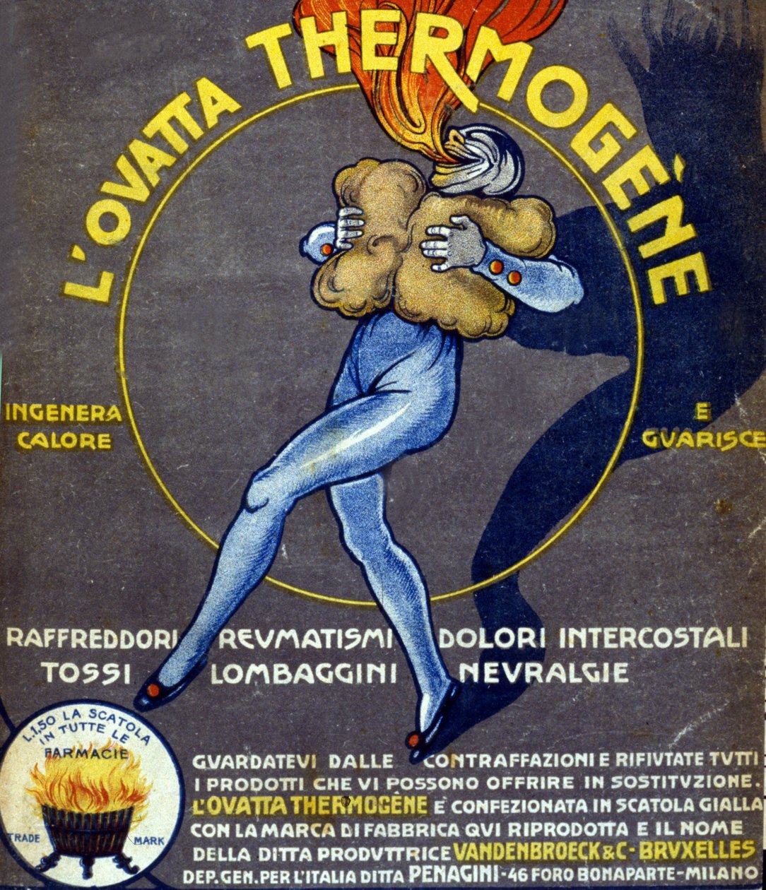 Advertentie voor thermogene watten tegen verkoudheid, inwendige pijnen, reuma, hoest, neuralgie en spit (tekening door L. Cappiello, Italië, 20e eeuw) door Leonetto Cappiello