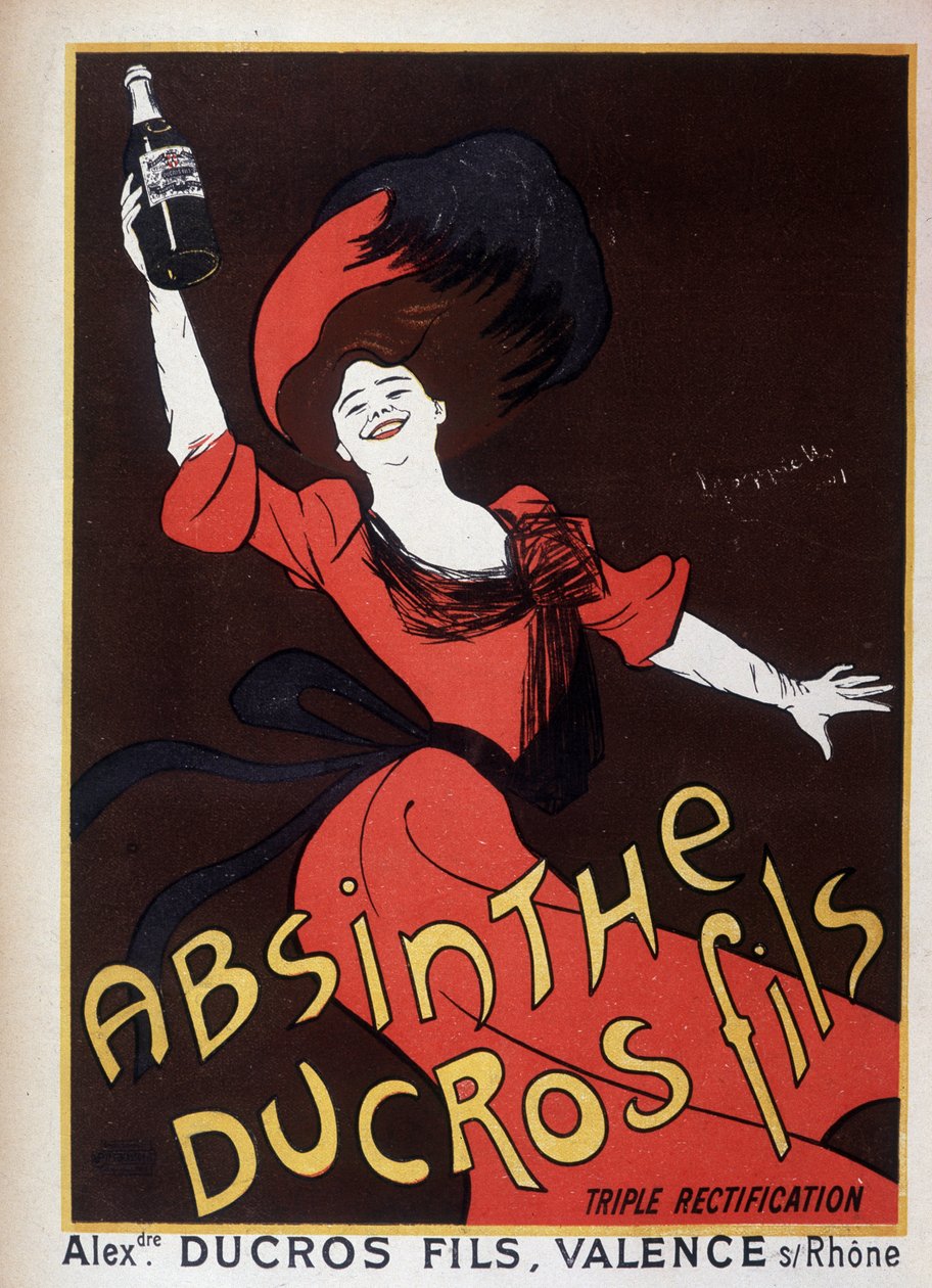 Reclame voor alsem Ducros (vrouw zwaait met een fles) door Leonetto Cappiello