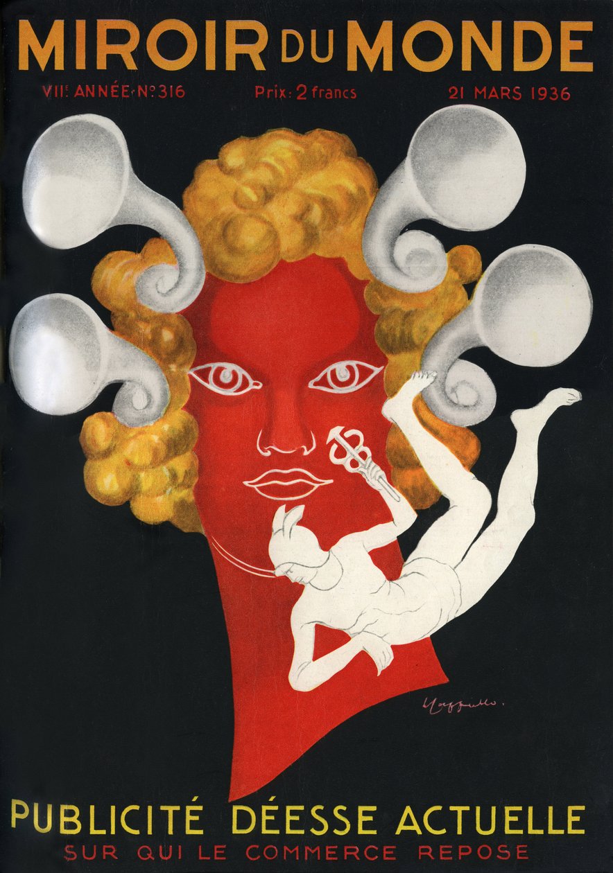 Allegorie van de reclame "Huidige godin waarop de handel rust", met Mercurius, god van reizigers en handel. Omslag van Mirror du monde magazine nr. 316, 21 maart door Leonetto Cappiello