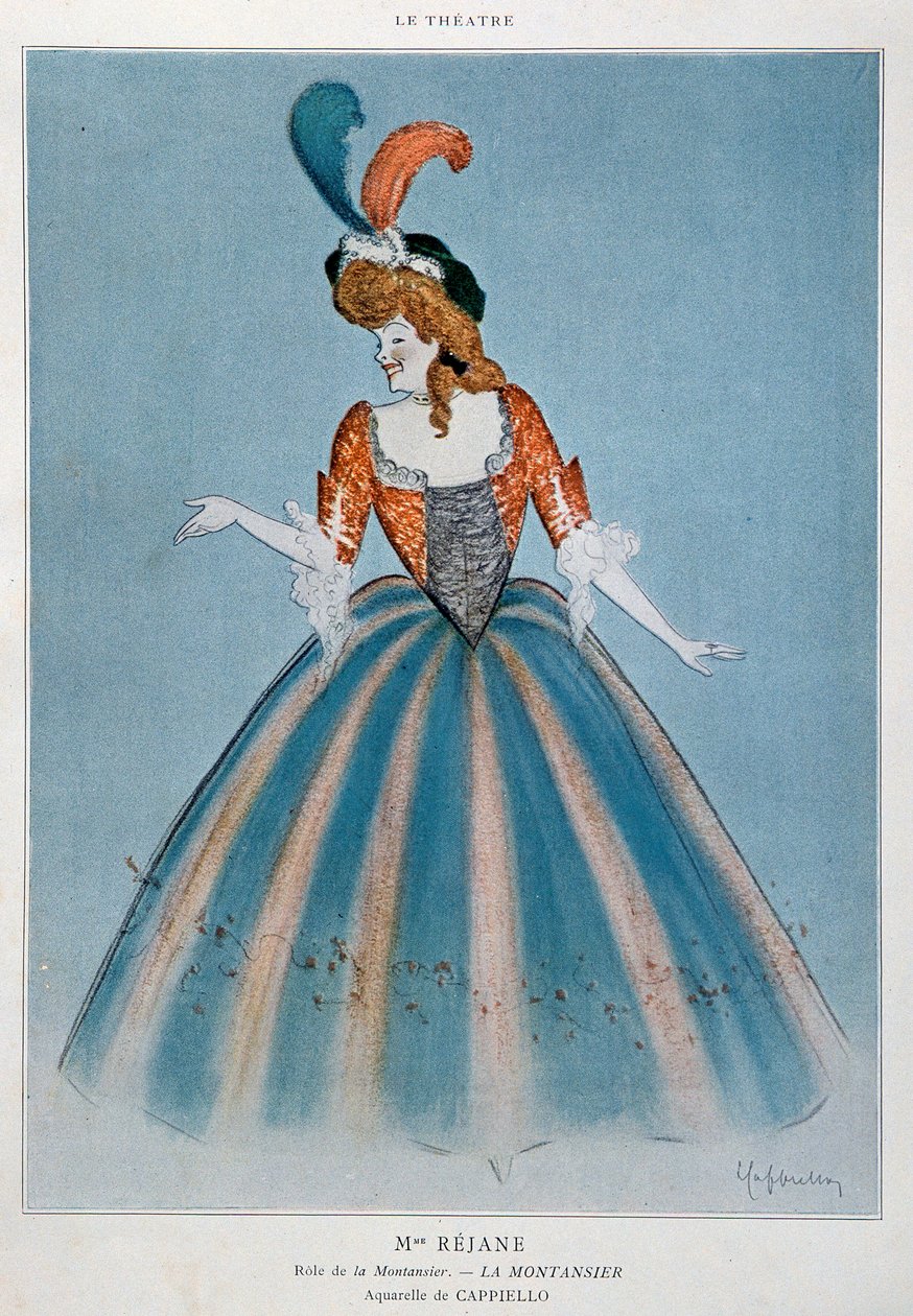 Comédienne Gabrielle Charlotte Reyu genaamd Rejane (1856-1920) in de rol van de Montansier. Aquarel door Leonetto Cappiello (1875-1942) Parijs, decoratieve kunsten door Leonetto Cappiello