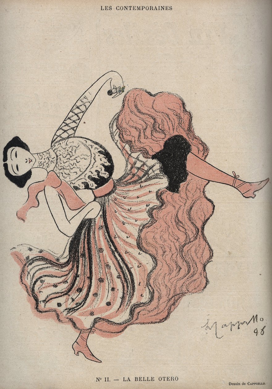Portret van Caroline (La Belle) Otero (1868-1965), Spaanse danseres en courtisane - tekening door Leonetto Cappiello in The Rire van 1898 door Leonetto Cappiello