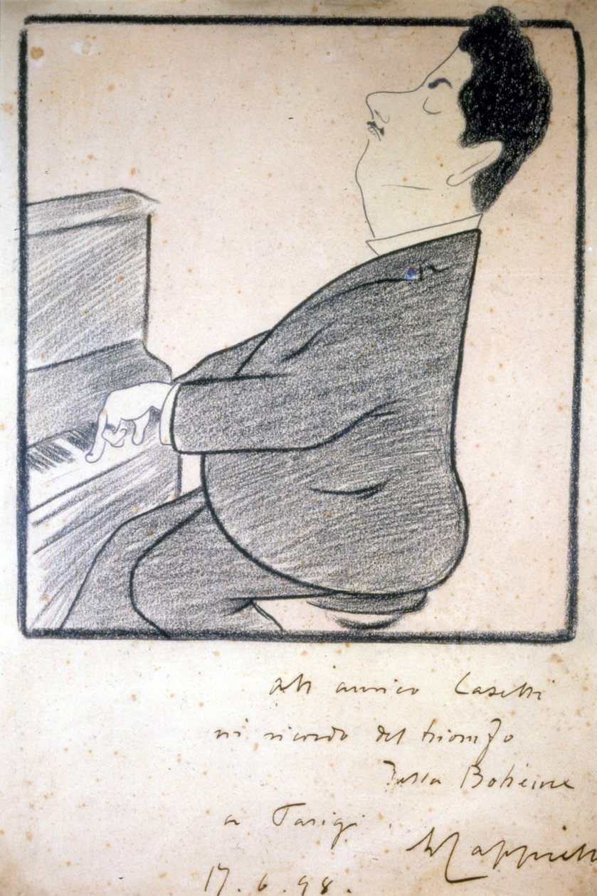 Portret van Giacomo Puccini (1858-1924), Italiaanse componist. Karikatuur door Leonetto Cappiello. door Leonetto Cappiello