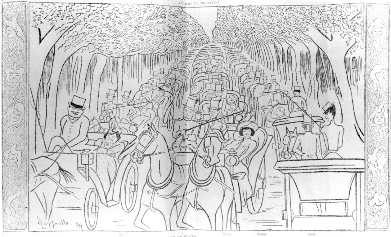 Toneel-, muziekhal- en operasterren van het Belle Epoque-tijdperk, rijdend in het Bois de Boulogne, Avenue des Acacias, Parijs, humoristische karikatuur uit 