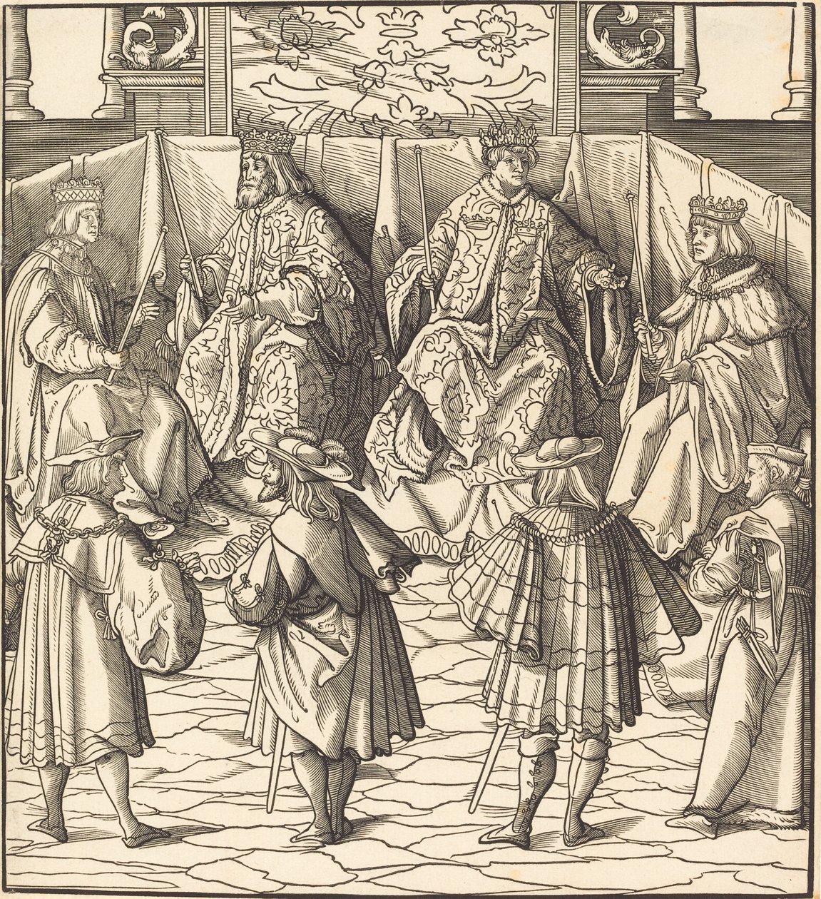 Vergadering van vier koningen, op de voorgrond vier mannen door Leonhard Beck