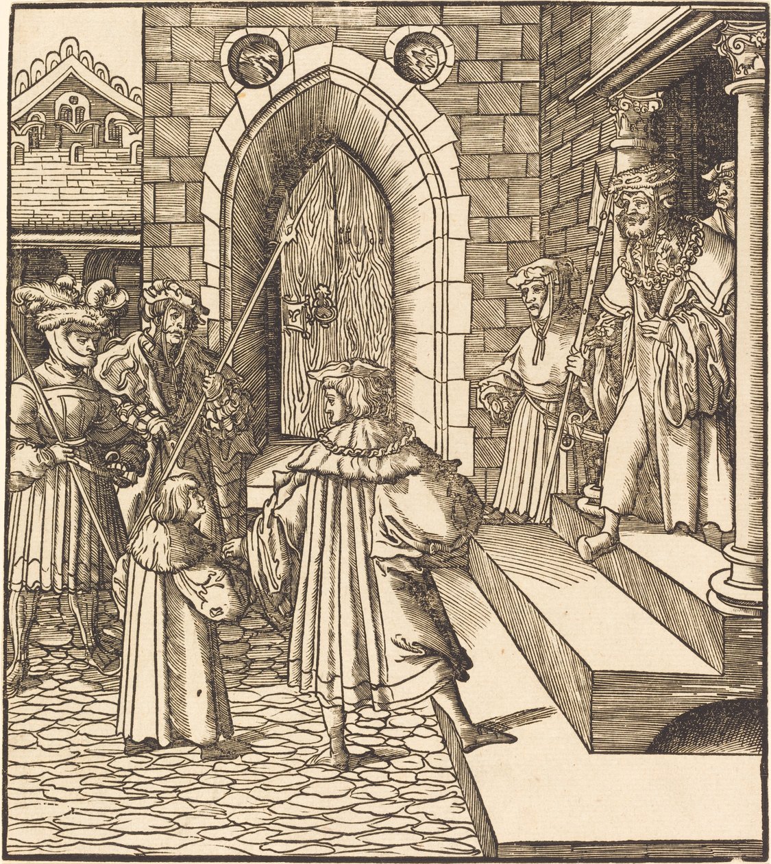 Drie mannen en een jongen in de binnenplaats van een kasteel, rechts drie mannen op een trap door Leonhard Beck