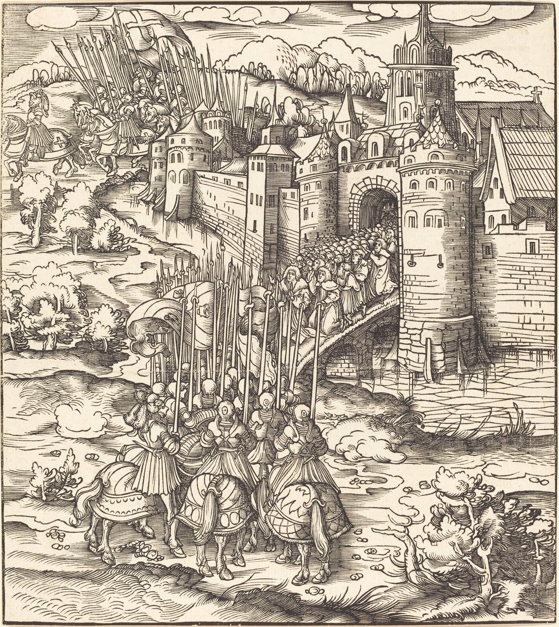 Verschillende mannen knielen op een brug voor een stad door Leonhard Beck