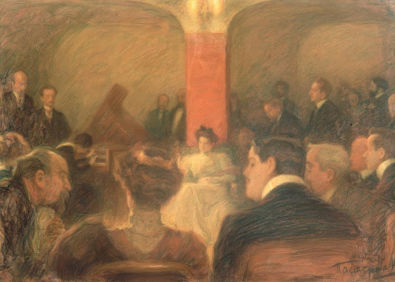 Concert van de klaveciniste Wanda Alexandra Landowska (1879–1959) door Leonid Osipovic Pasternak