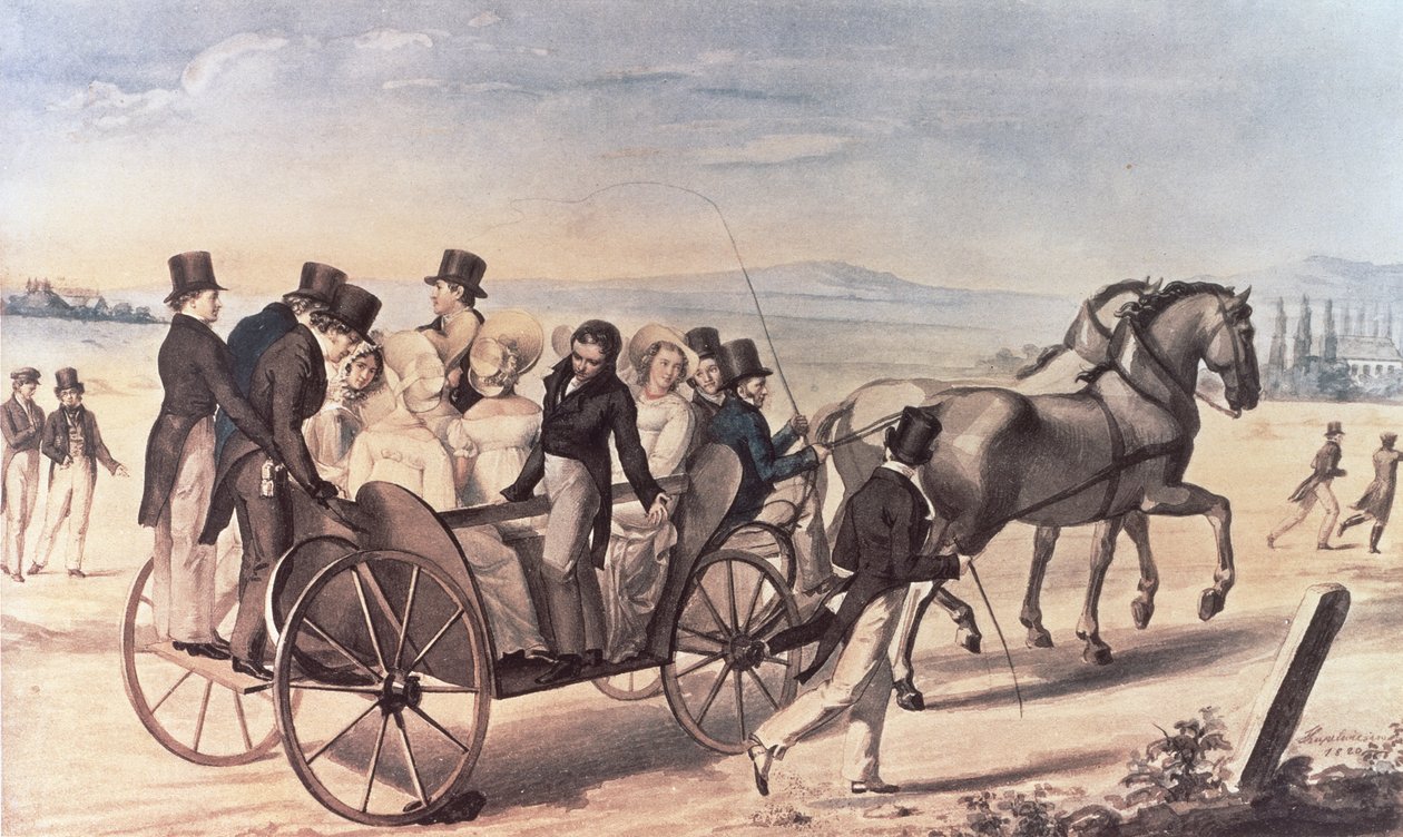 Excursie van de Schubertianen van Atzenbrugg naar Aumuhl, met Franz Peter Schubert (1797-1828) staand links met de kunstenaar, 1820 door Leopold Kupelwieser