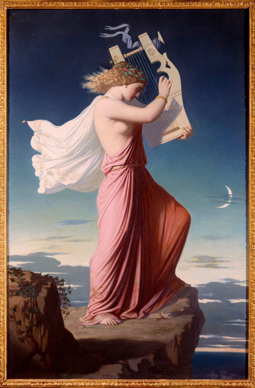 Portret van de Griekse dichteres Sappho die de lier bespeelt door Leopold Burthe