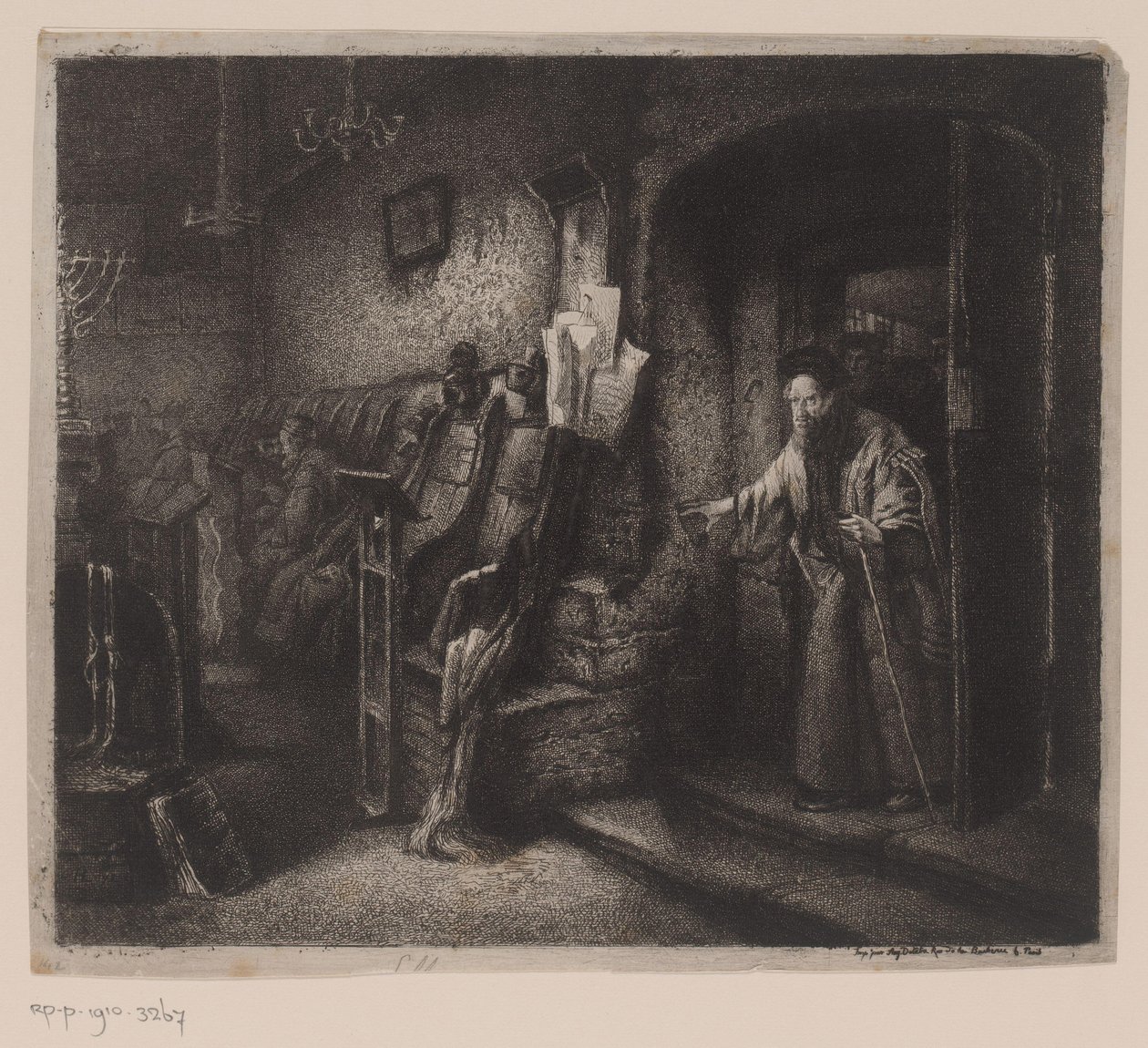 Interieur van een synagoge met gelovigen door Leopold Flameng
