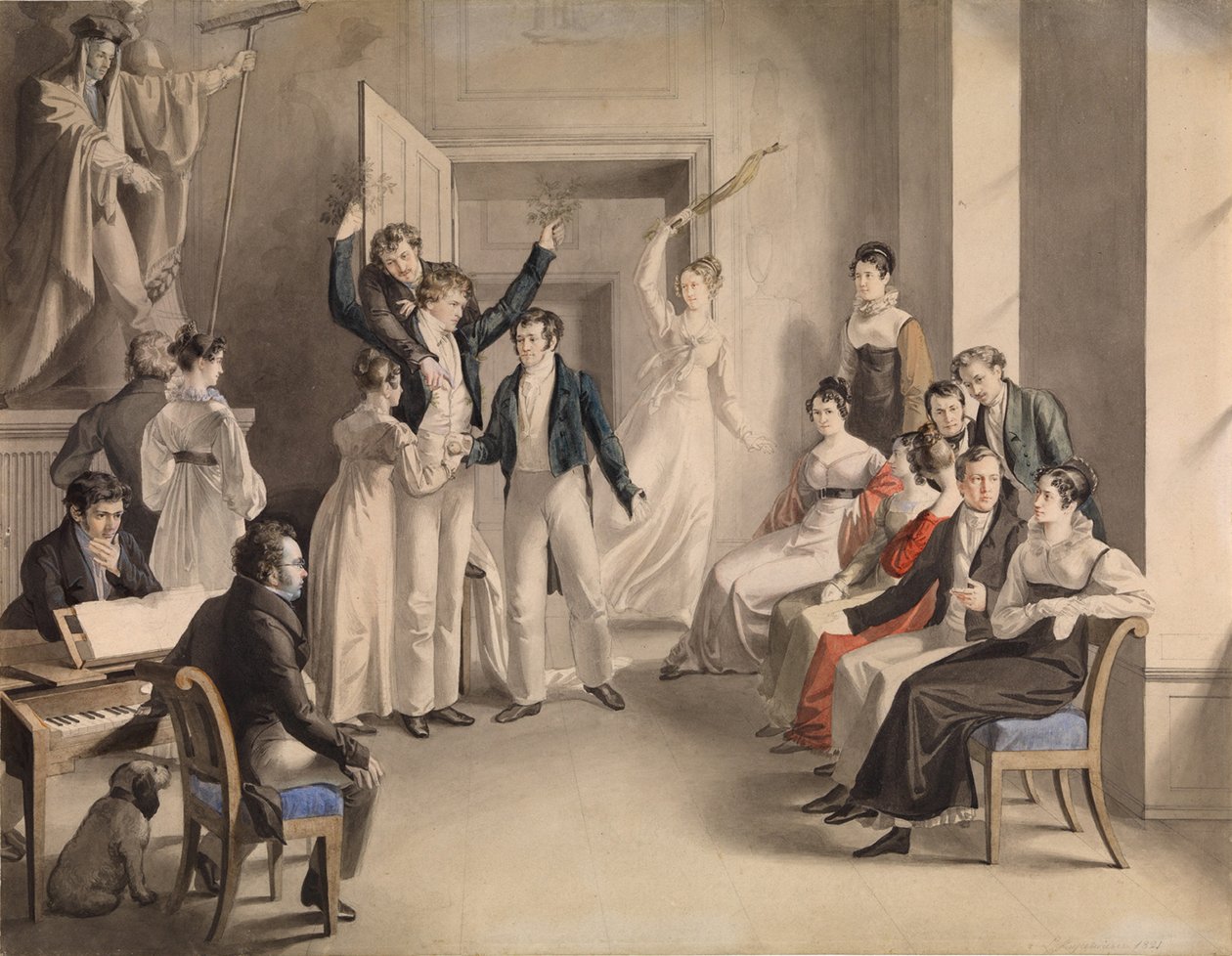 Franz Schubert 1797-1828. Gezelschapsspel van de Schubertianen in Atzenbrugg, 1821 door Leopold Kupelwieser