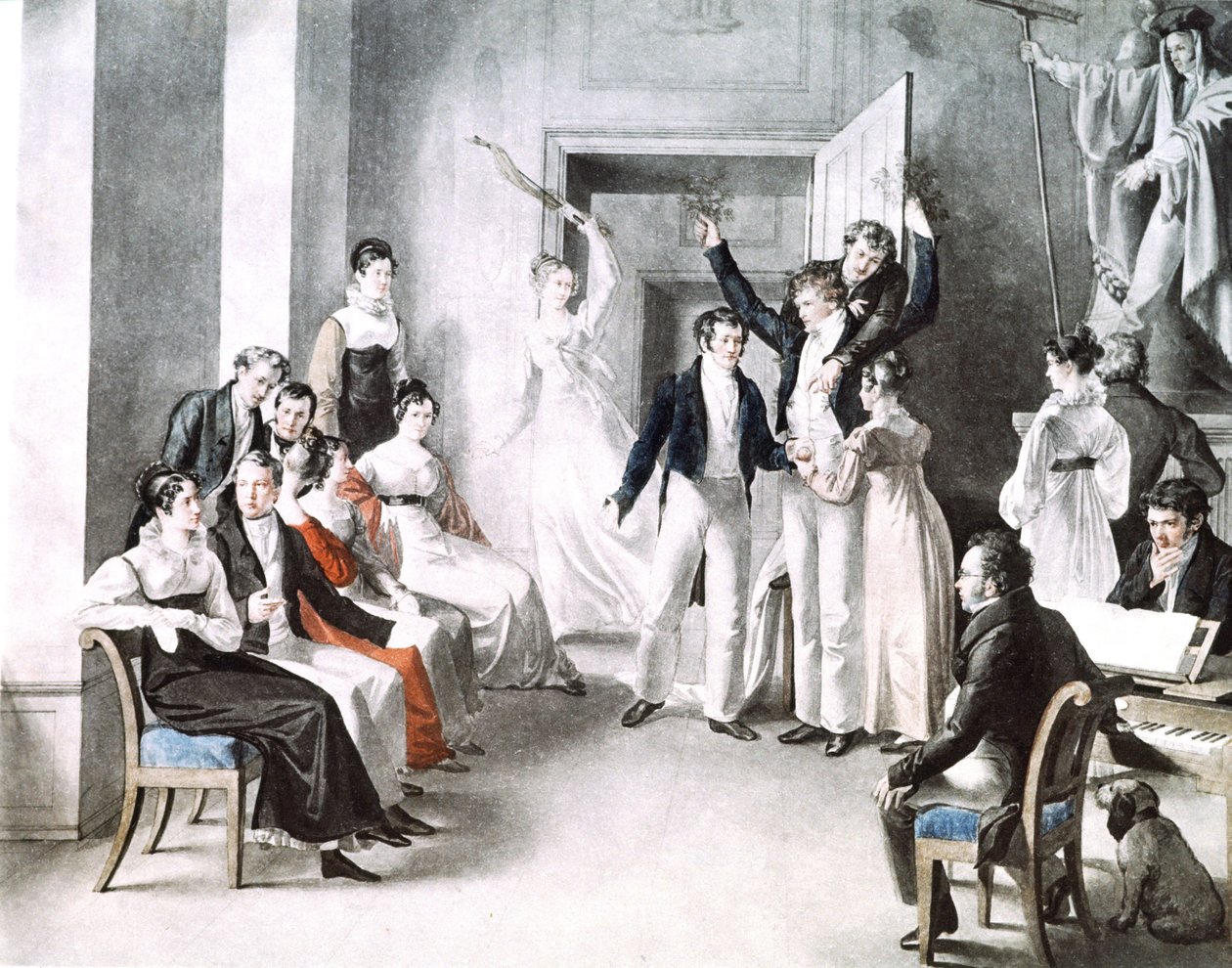 Muzikale bijeenkomst van Schubertianen. Schubert zit in de stoel rechts door Leopold Kupelwieser