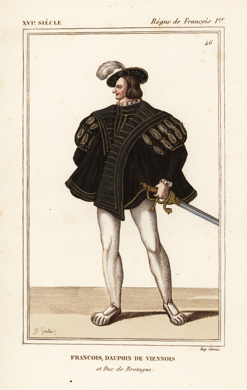 Francis III, Hertog van Bretagne 1518-1536. Francois, Weense dolfijn en Hertog van Bretagne. Handgekleurde lithografie door J.B. Gautier naar een portret in Roger de Gaignieres