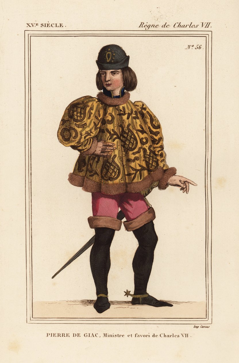 Pierre de Giac, Kamerheer van Koning Karel VII van 1377-1426. Geëxecuteerd door verdrinking in Dun-Le-Roi. Hij draagt een korte cassock met mahoitres mouwen, roze pantalons en laarzen met sporen. Handgekleurde lithografie naar een miniatuur in een manuscri door Leopold Massard