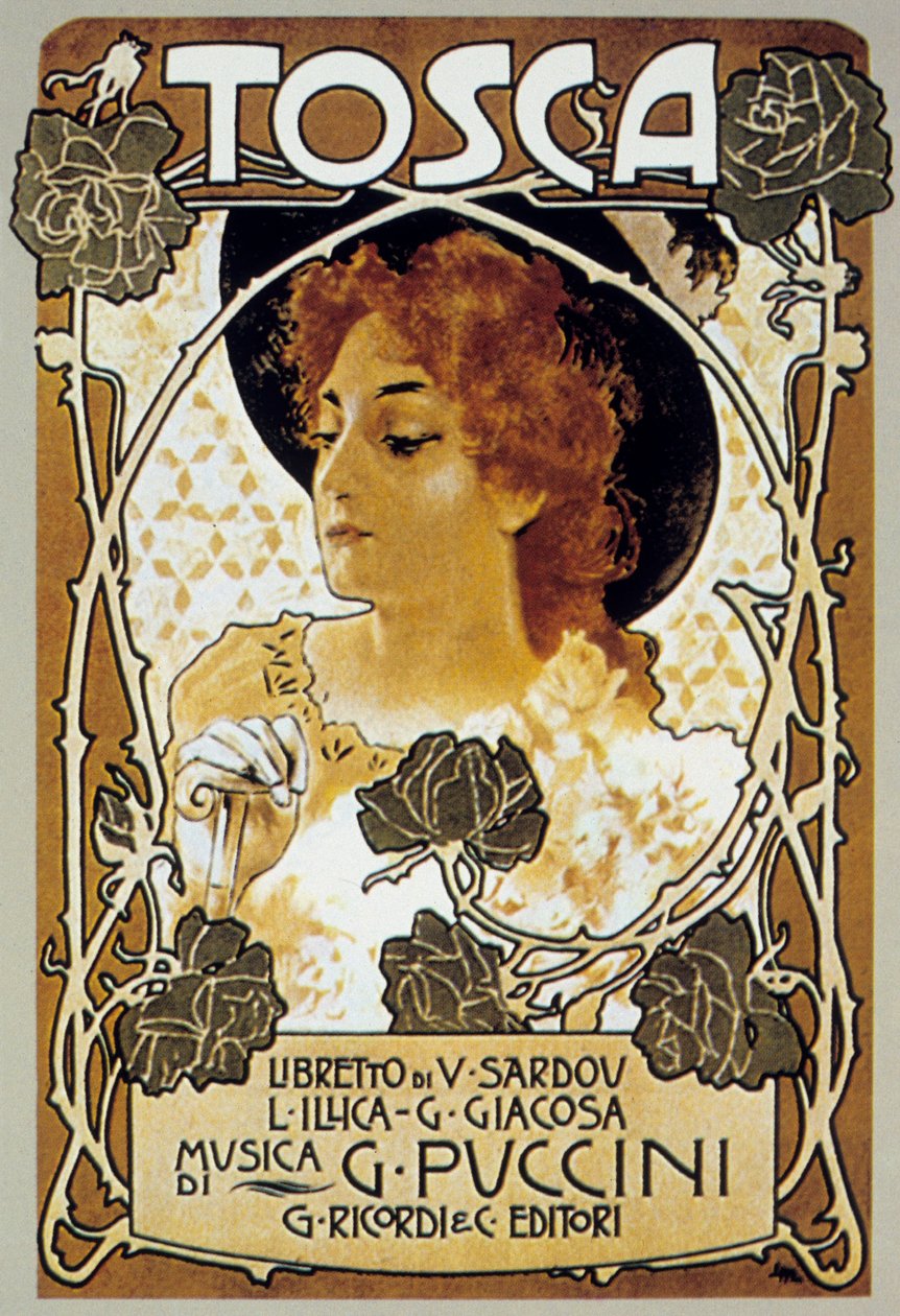 Omslag door Leopoldo Metlicovitz van de partituur van de opera Tosca door Giacomo Puccini door Leopoldo Metlicovitz