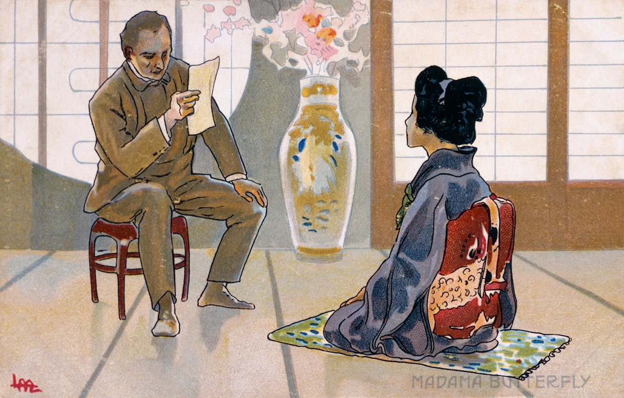 Ansichtkaart gemaakt voor de première van "Madame Butterfly", in Brescia door Leopoldo Metlicovitz