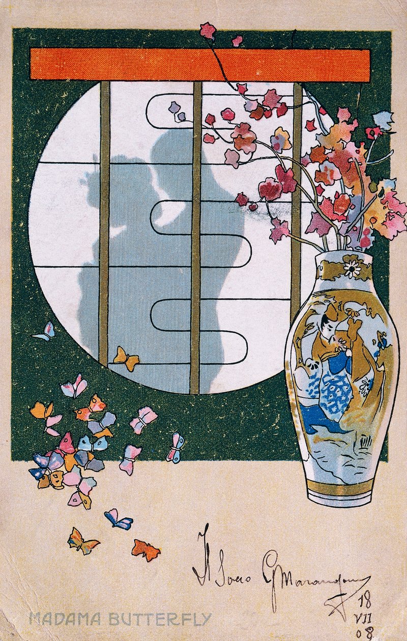 Postkaart gemaakt voor de première van "Madame Butterfly" in Brescia door Leopoldo Metlicovitz
