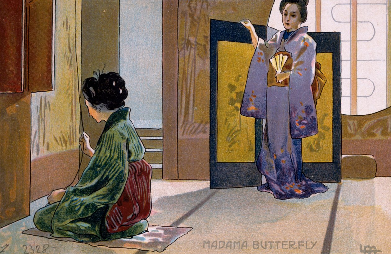 Ansichtkaart gemaakt voor de première van "Madame Butterfly", in Brescia door Leopoldo Metlicovitz