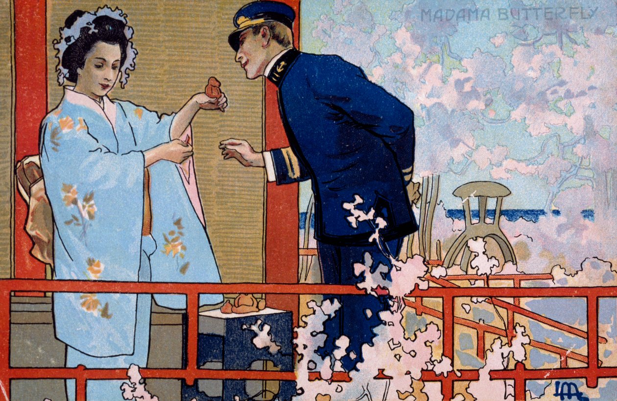 Ansichtkaart gemaakt voor de première van "Madame Butterfly", in Brescia door Leopoldo Metlicovitz