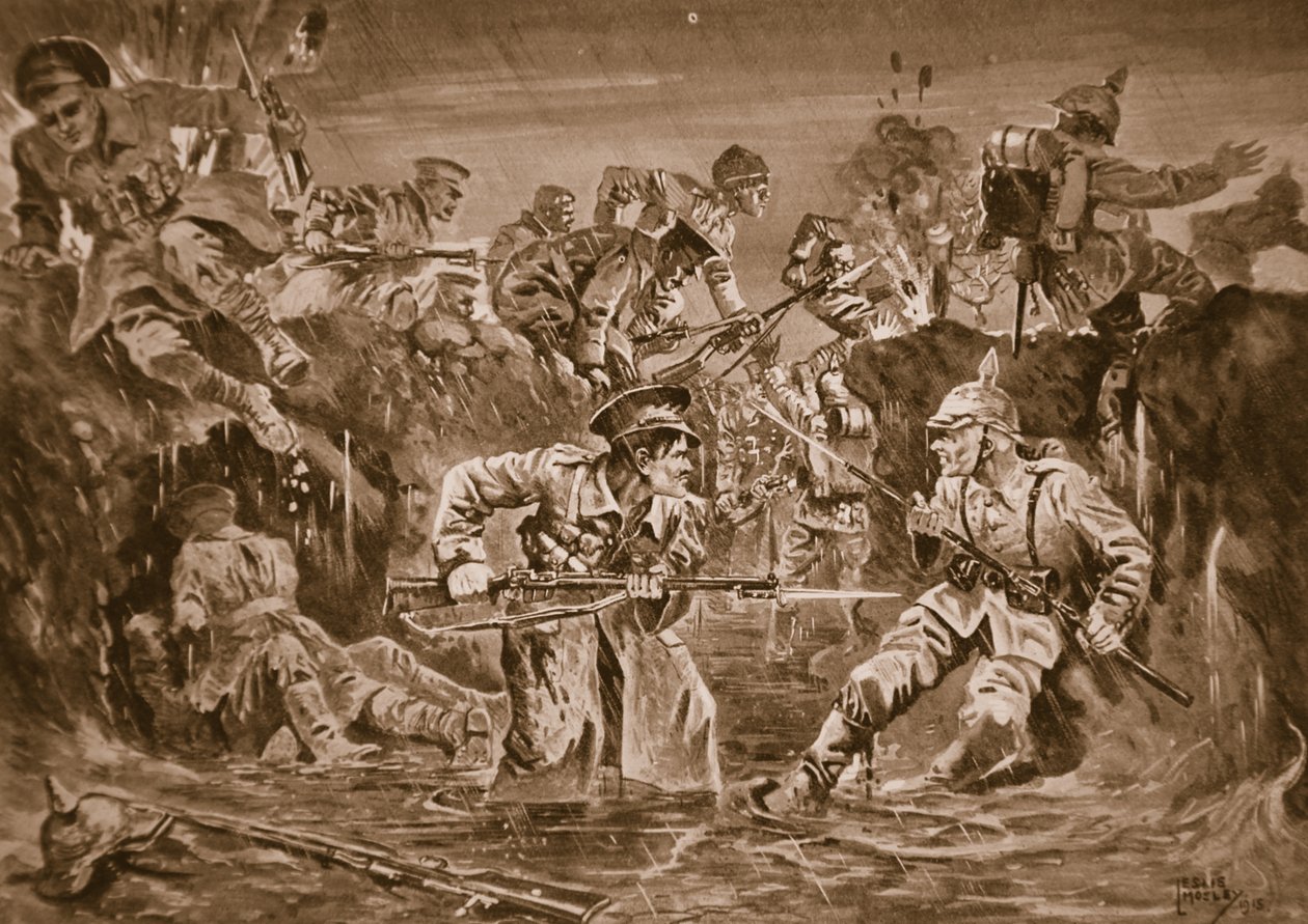 Britse troepen, onder bevel van majoor Borrett, heroveren een loopgraaf bij Zillebeke die door de vijand van hen was ingenomen door Leslie Mosley