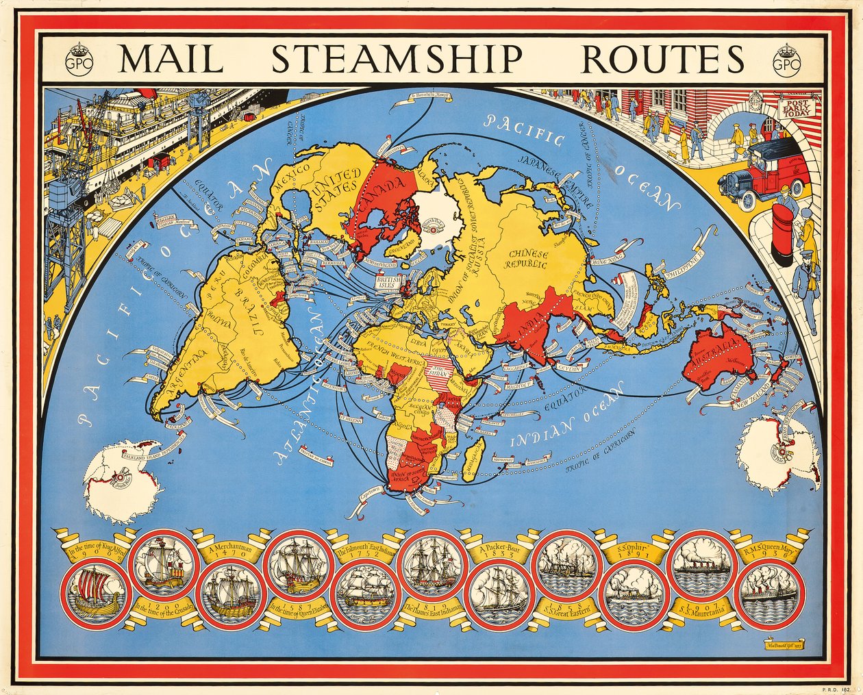 Poster die poststoomschiproutes adverteert door Leslie MacDonald Gill