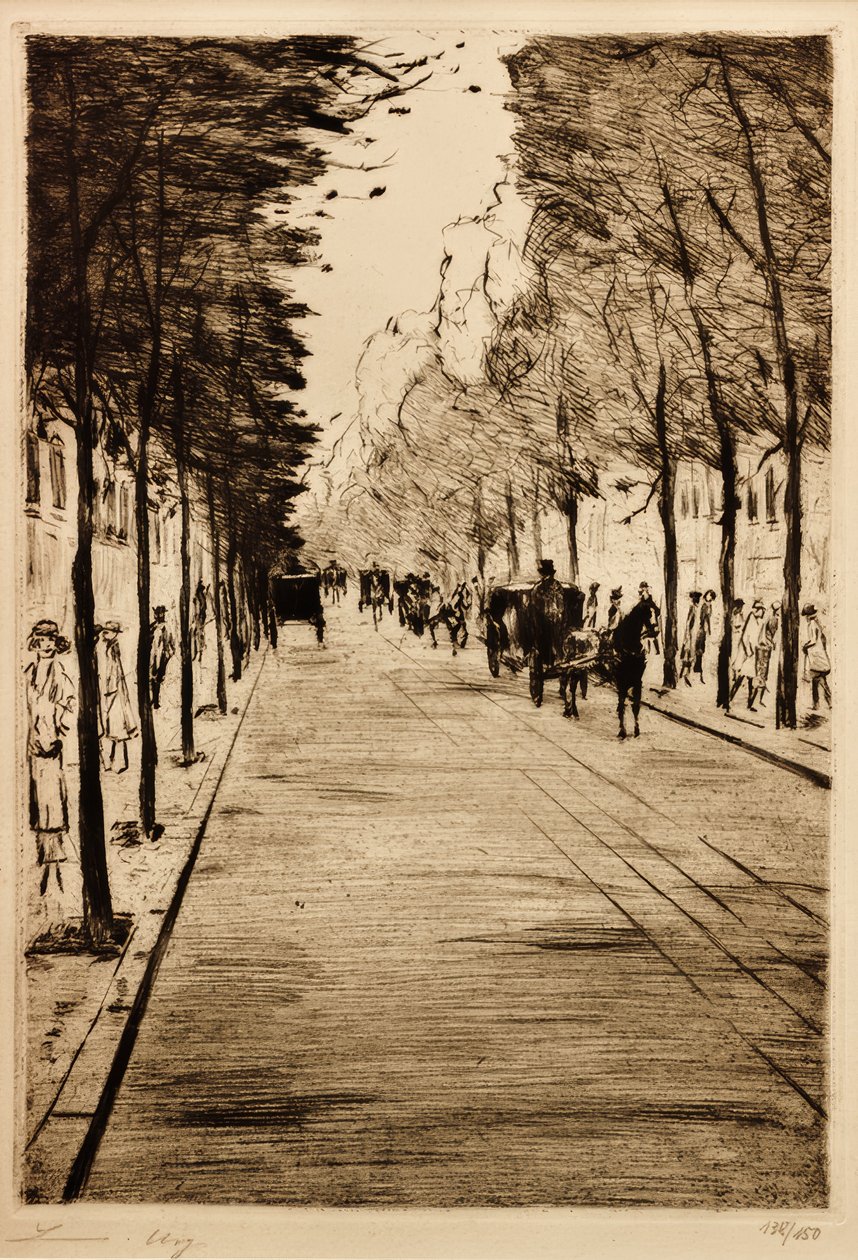 Berliner koets - rechts - wachtend in Tiergarten II door Lesser Ury