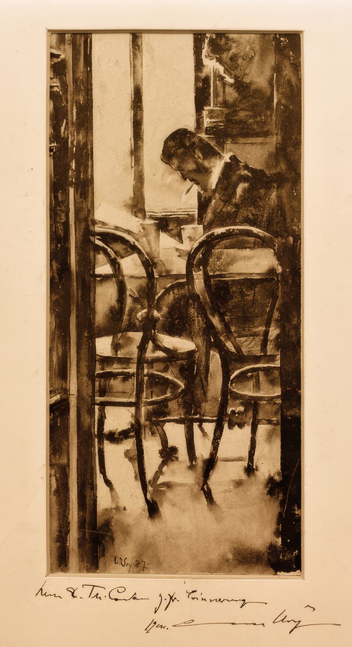 Café Gelber in Hamburg (Krantenlezende man in café) door Lesser Ury