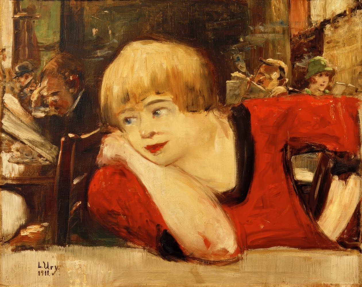 In het Café. Vrouw in Rood door Lesser Ury