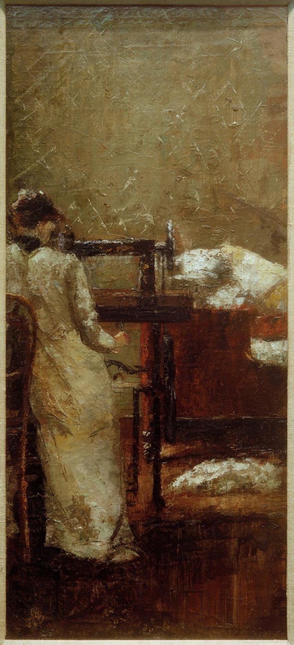 Vrouw bij de naaimachine door Lesser Ury