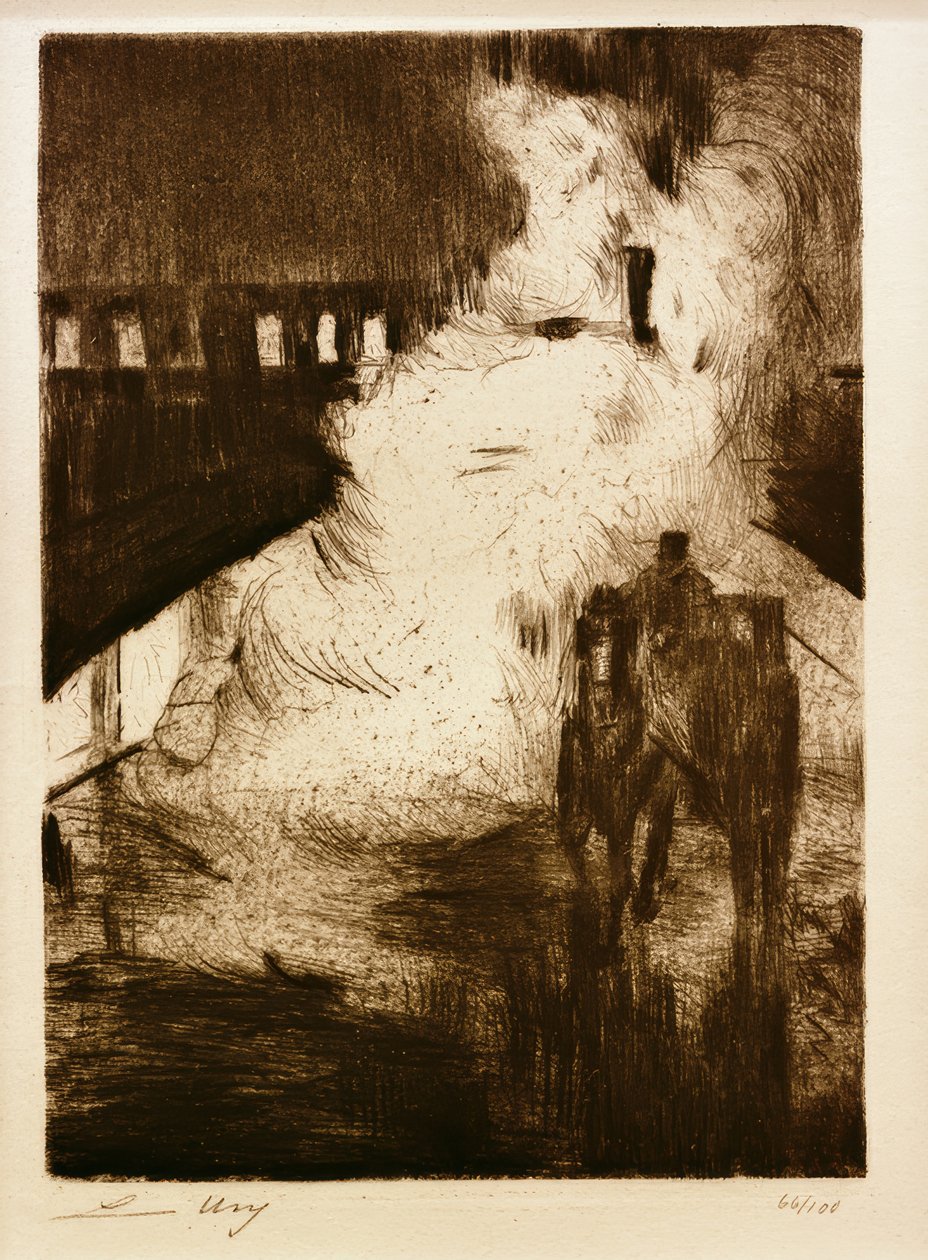 L. Ury, Nachtelijke Impressies (met Paardentram voor Locomotiefstoom) door Lesser Ury
