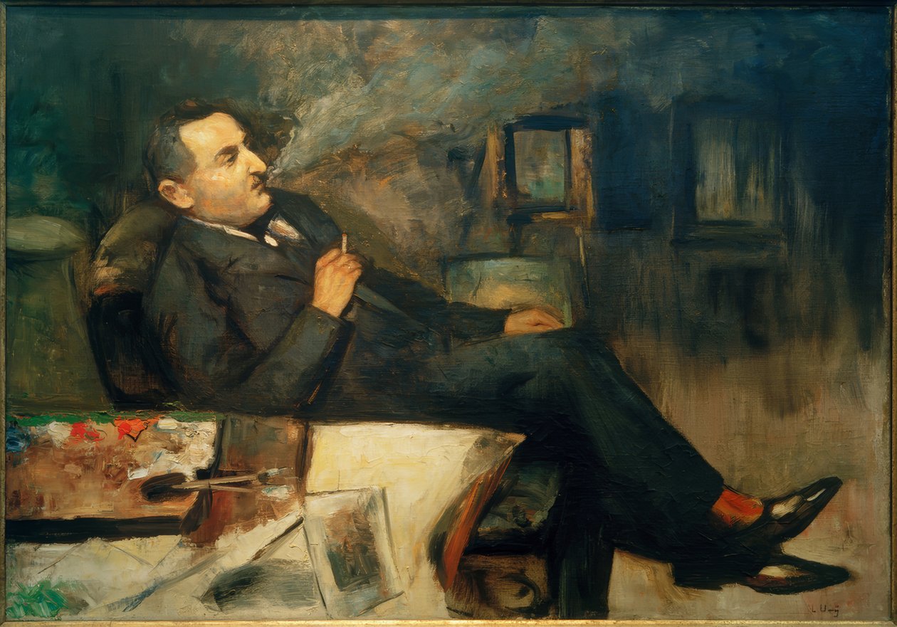 Lesser Ury rokend in het atelier (Zelfportret) door Lesser Ury