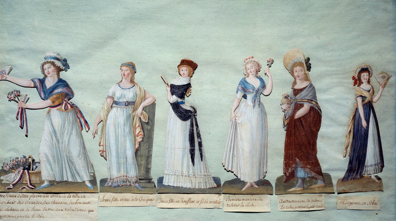 Verschillende jonge vrouwen die vrouwelijke mode tijdens de Revolutie vertegenwoordigen door Lesueur Brothers