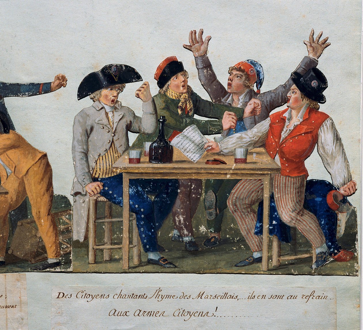 Franse Revolutie: Burgers zingen het volkslied van Marseille. De sansculotten zingen de Marseillaise in een herberg. Gravure door de gebroeders Lesueur (18e eeuw). Musee Carnavalet, Parijs door Lesueur Brothers