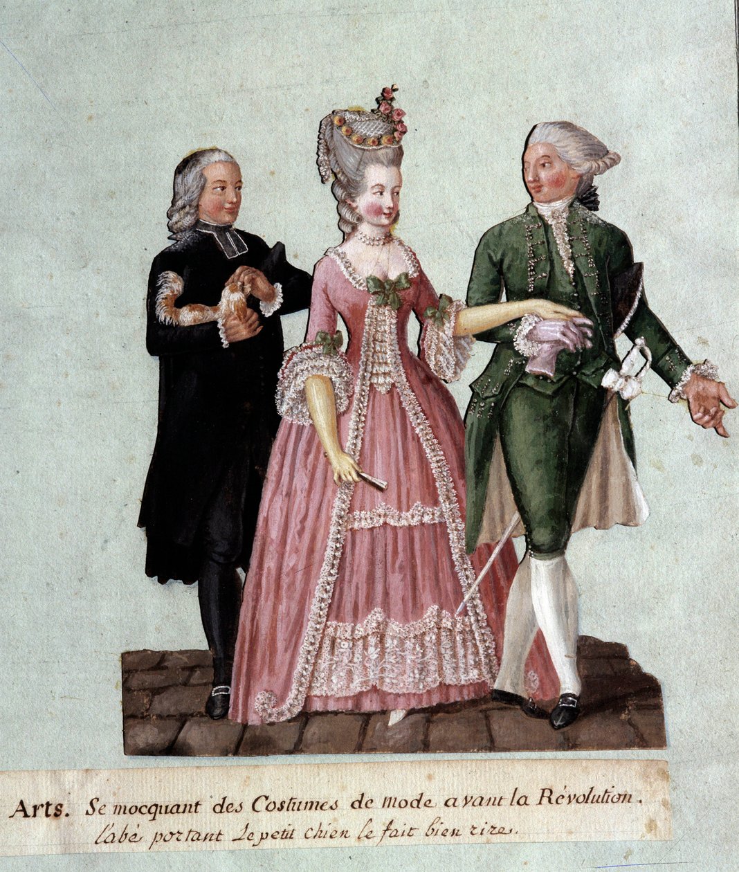 Franse Revolutie: Kostuums van voor de Revolutie. Weergave van de kostuums van een abt met een kleine hond en twee edelen. Gouache van de gebroeders Lesueur (18e eeuw) Musee Carnavalet, Parijs door Lesueur Brothers