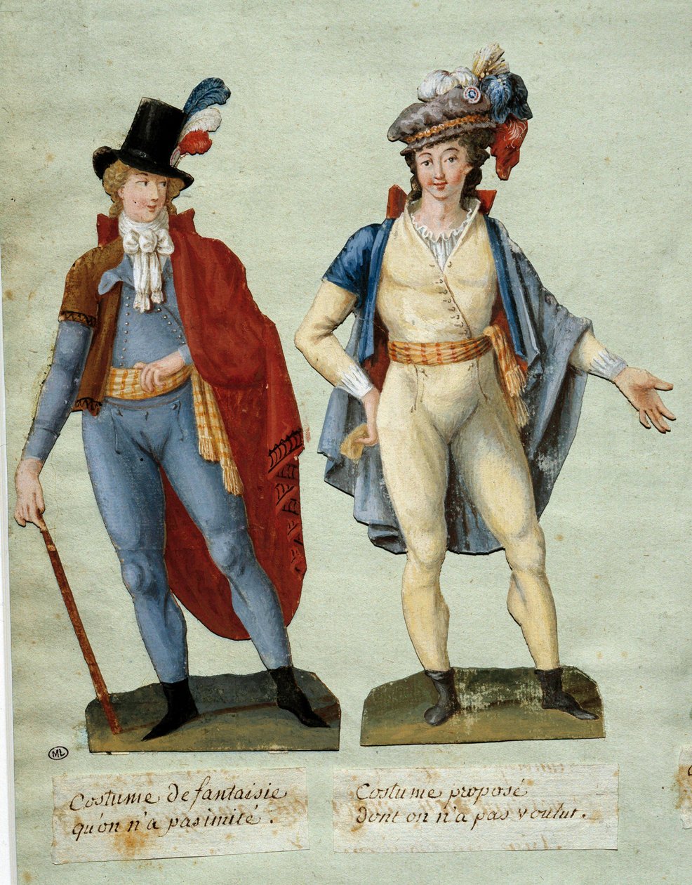 Franse Revolutie: kostuums van fantasie-revolutionairen die niet zijn nagebootst. Gouache des freres Lesueur (18e eeuw) door Lesueur Brothers