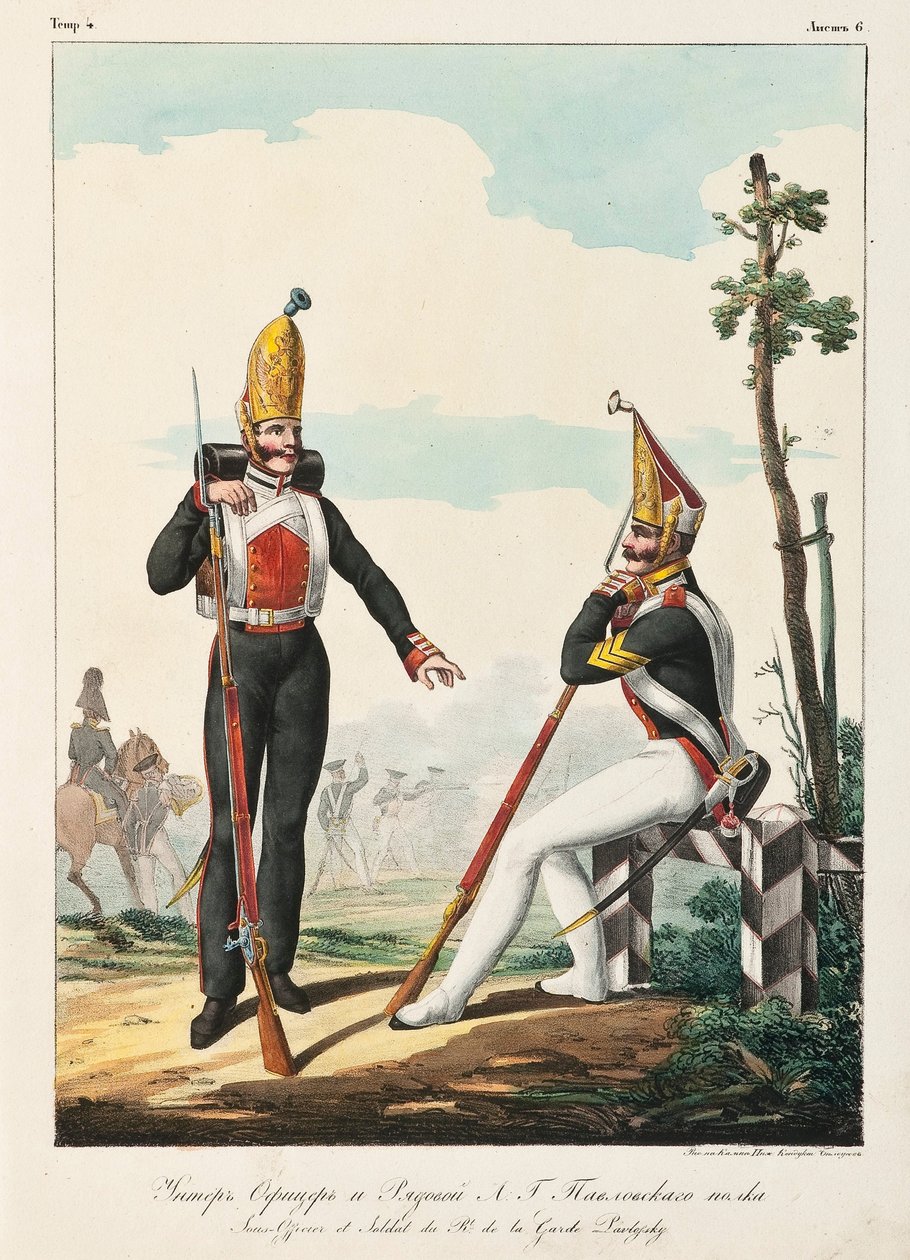 Onder officier en soldaat van het Pavlovsky Garde Regiment, 1830-1840s door Lev Alexandrovich Belousov