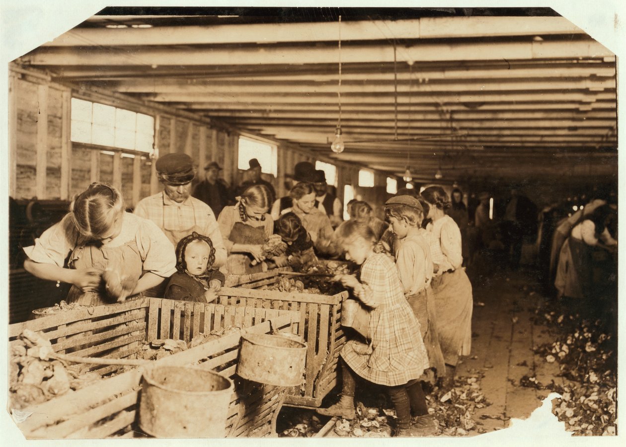 Rosy, 8 jaar oud, werkt een 14-urige dag als oesterschiller bij Dunbar Cannery, Louisiana, 1911 door Lewis Wickes Hine